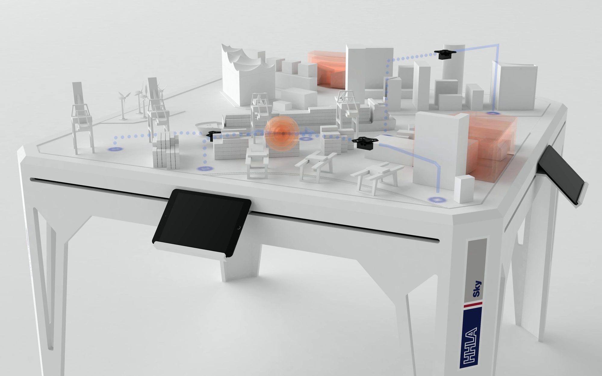 Rendering: Tisch mit Tablets, Flugrouten und Sperrzonen