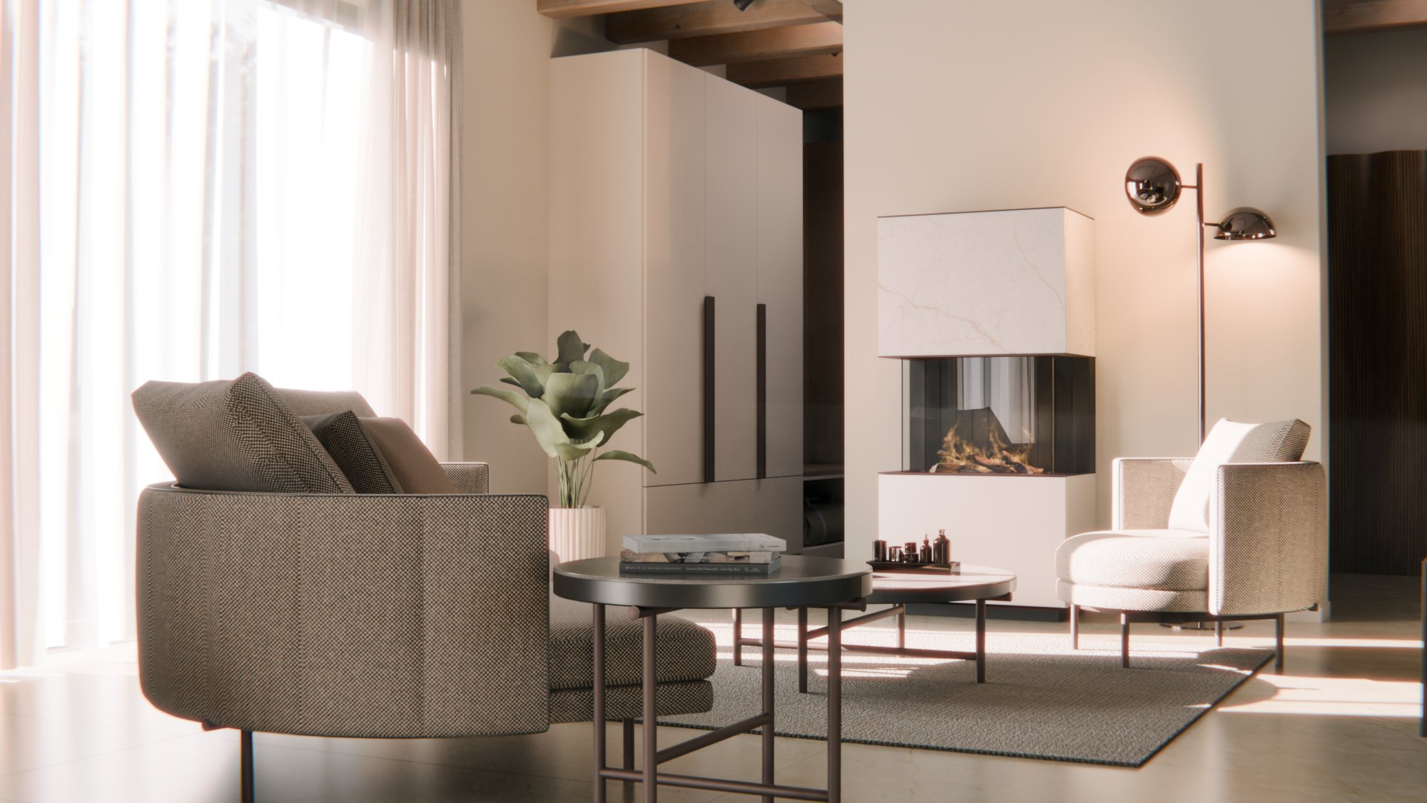 Kamin mit Neolith-Oberfläche in Marmoroptik im Wohnraum