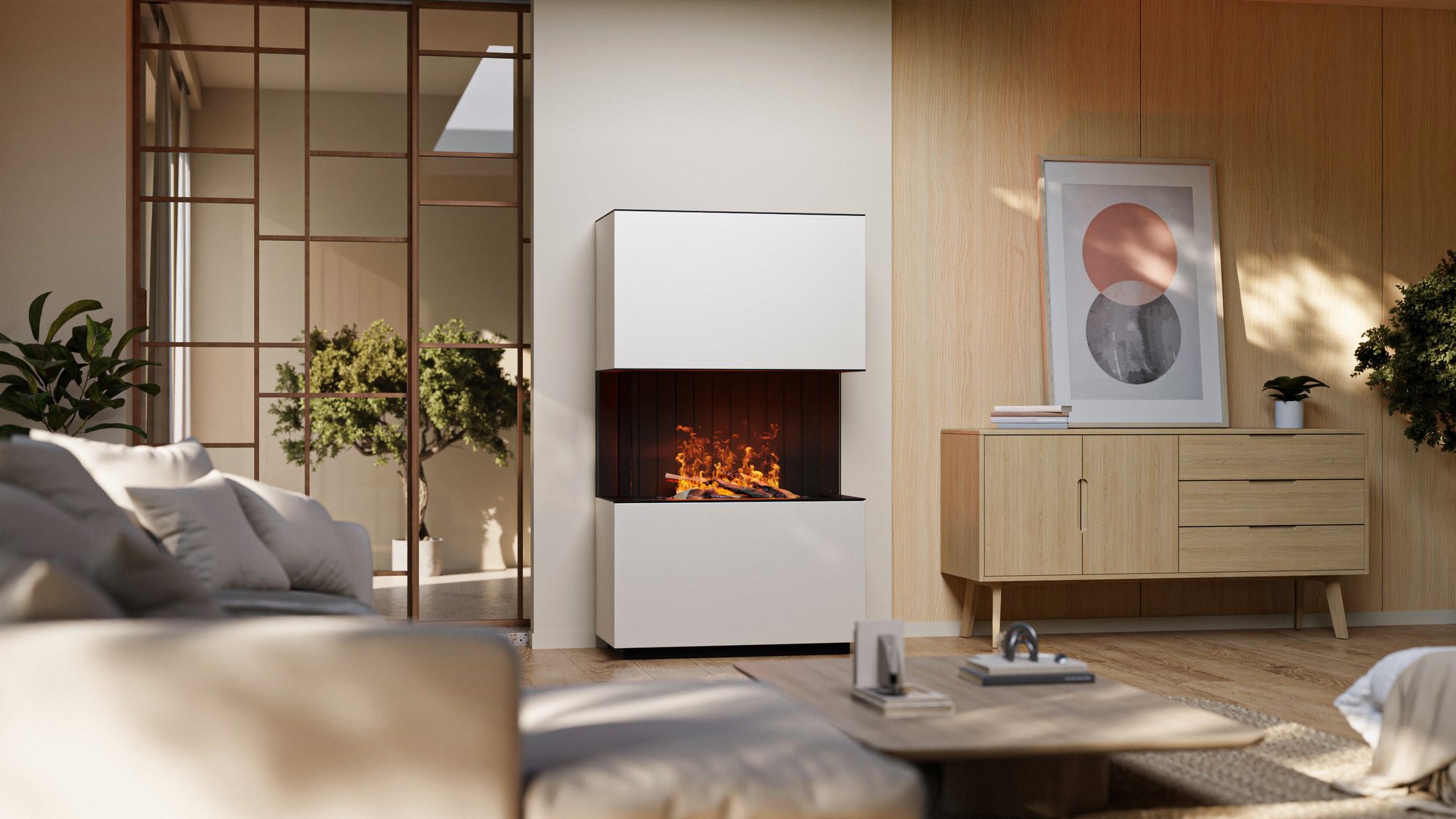 Weißer Kamin im Wohnzimmer neben einem Sideboard