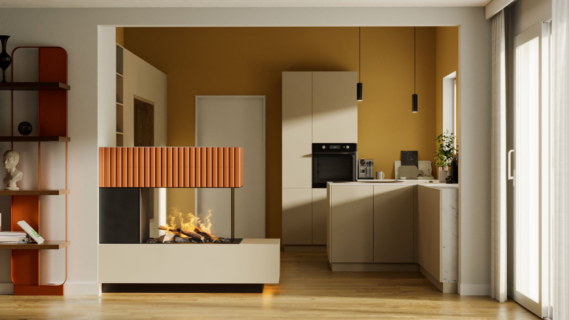Kamin mit Lamellenaufsatz in Orange vor einer ockerfarbenen Küche