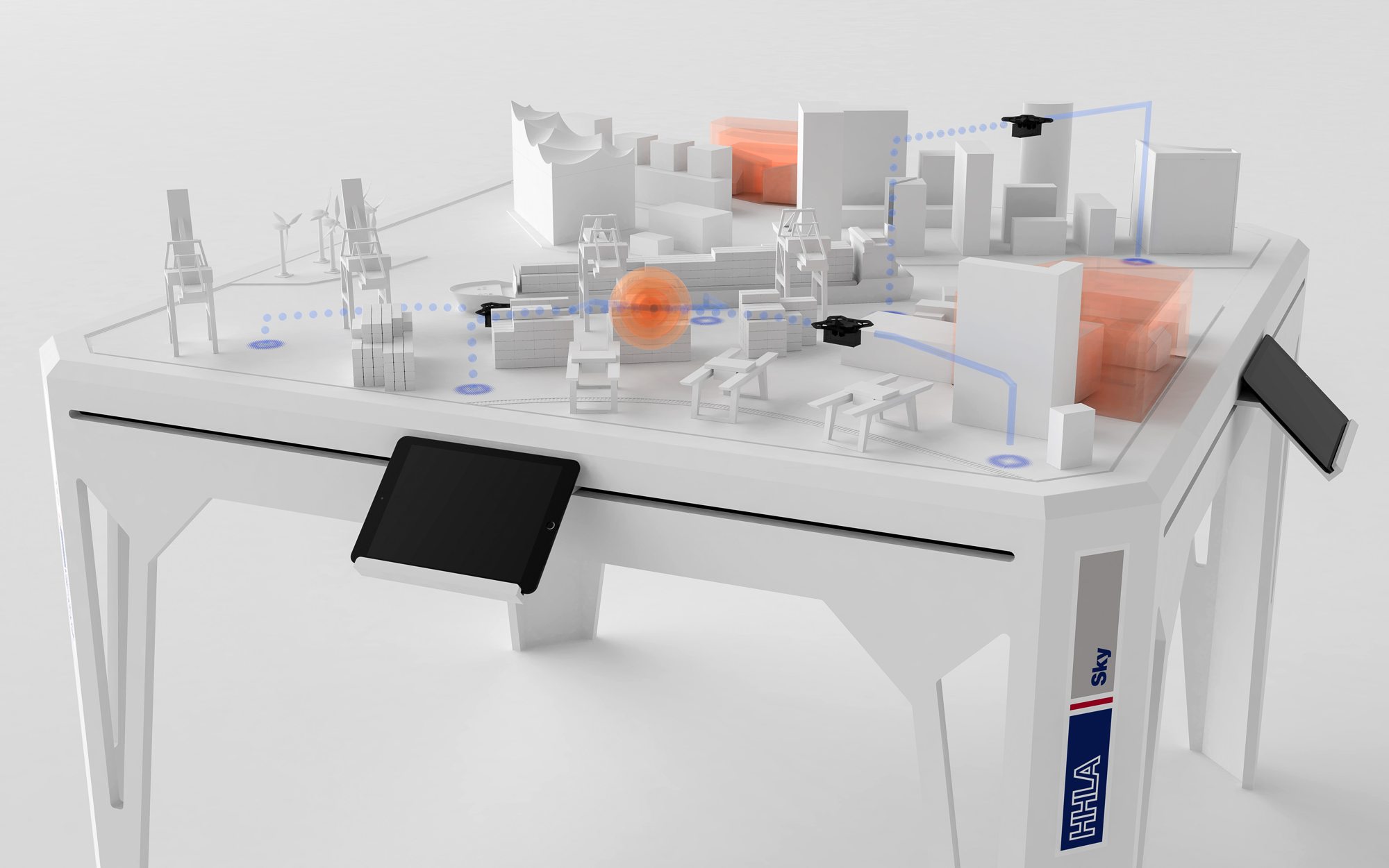 Rendering: Tisch mit Tablets und AR-Markierungen