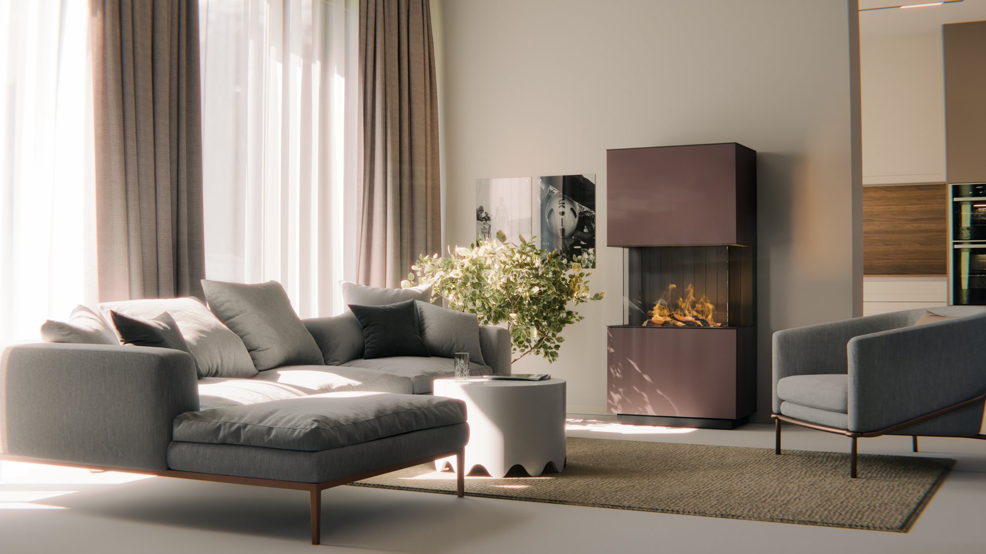 Kamin in Bronze-Metallic neben einem grauen Sofa