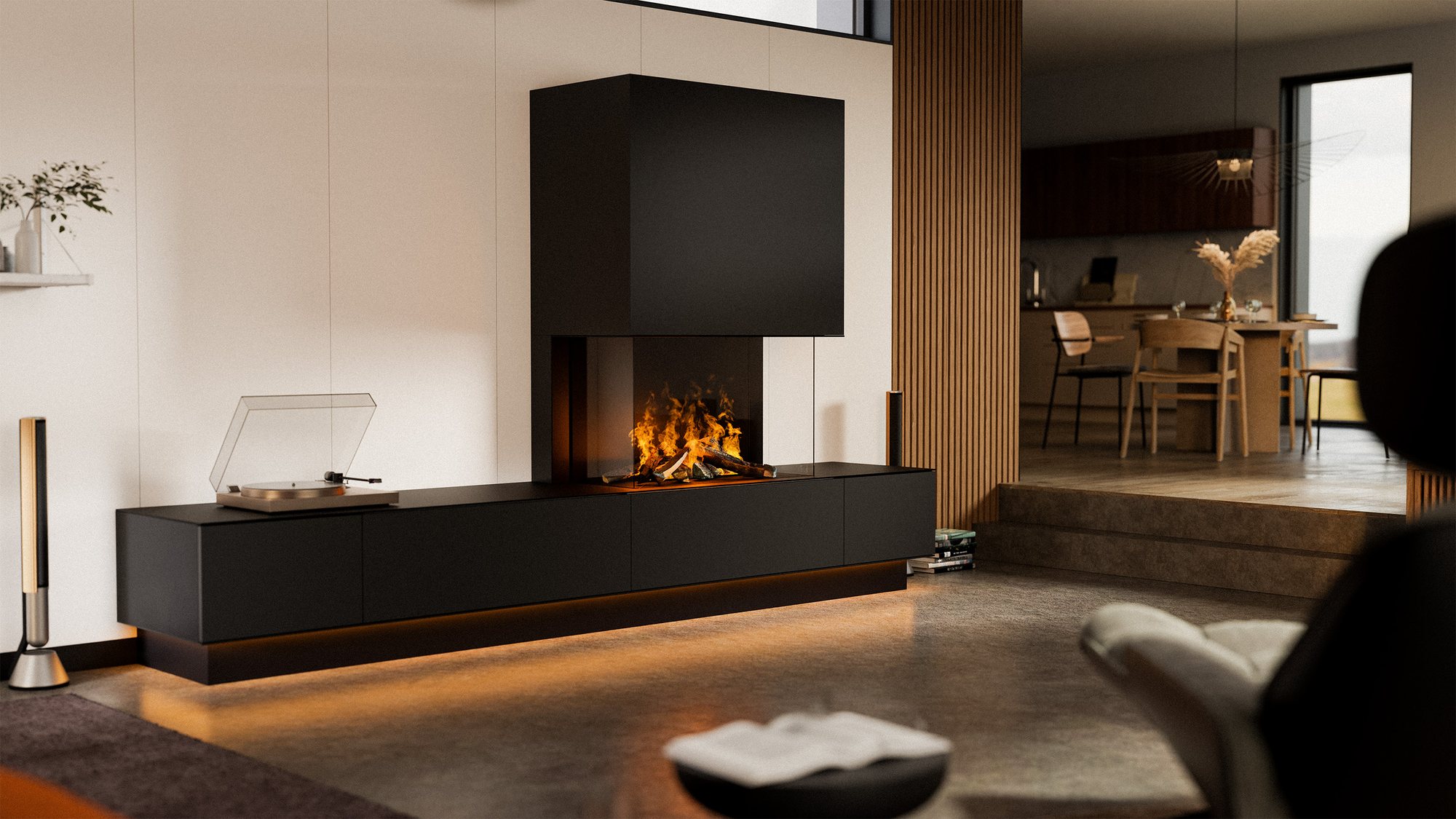 Schwarzes Lowboard mit Kamin und indirektem LED-Licht