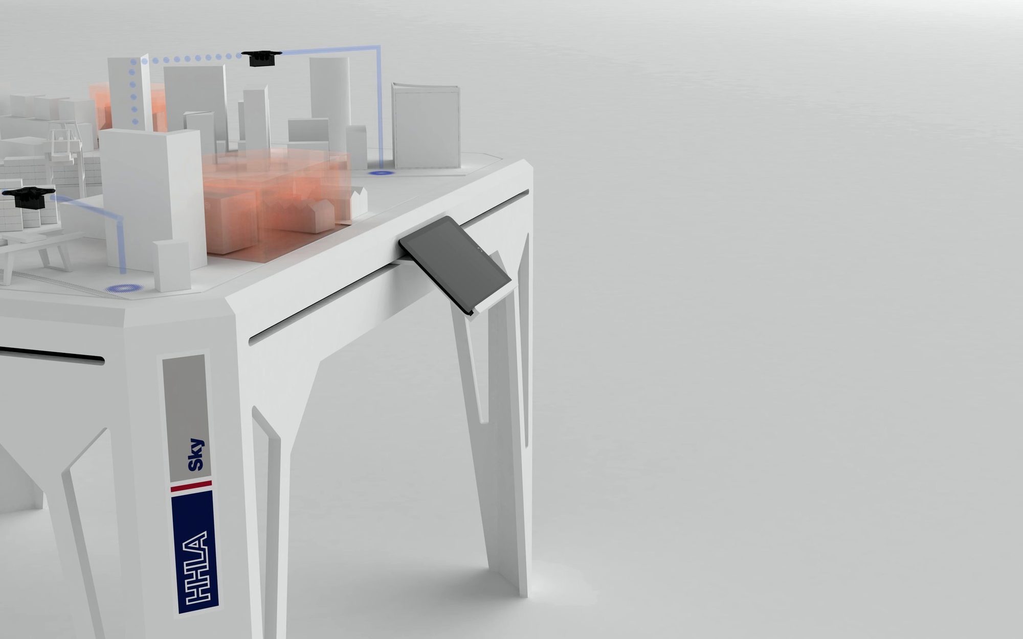 Rendering: Tischecke mit Tablet und Flugrouten
