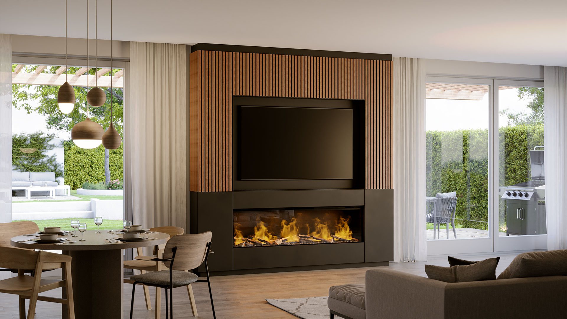 Wandkonzept mit Holzlamellen, Fernseher und langem Kamin