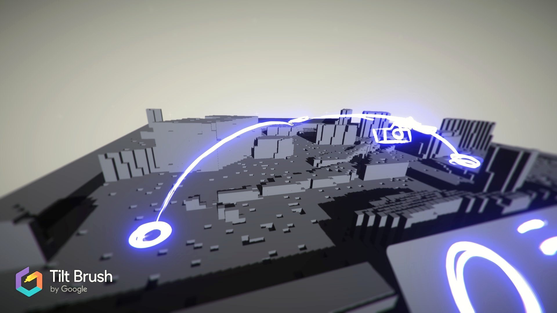 Skizze im virtuellen Raum mit Tilt Brush: Flugroute über der Stadt