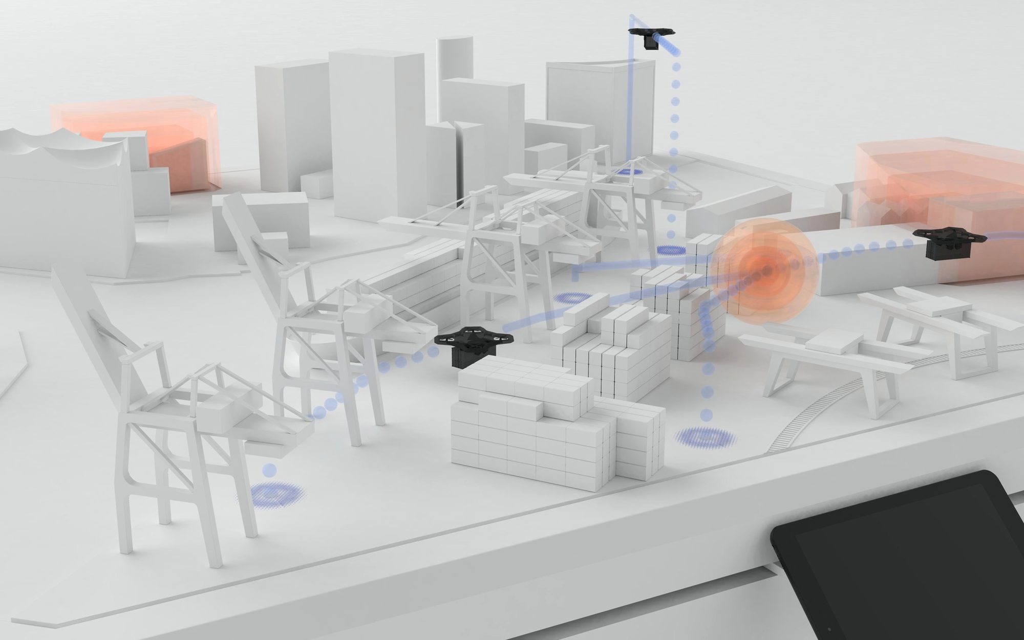 Rendering: Drohnen und Flugrouten über dem Hafen